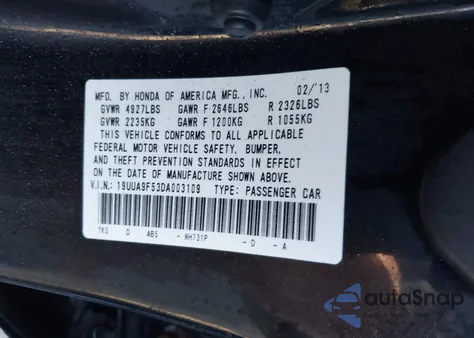 2013 Acura Tl 3.7 из США, поврежденный, VIN 19UUA9F53DA003109